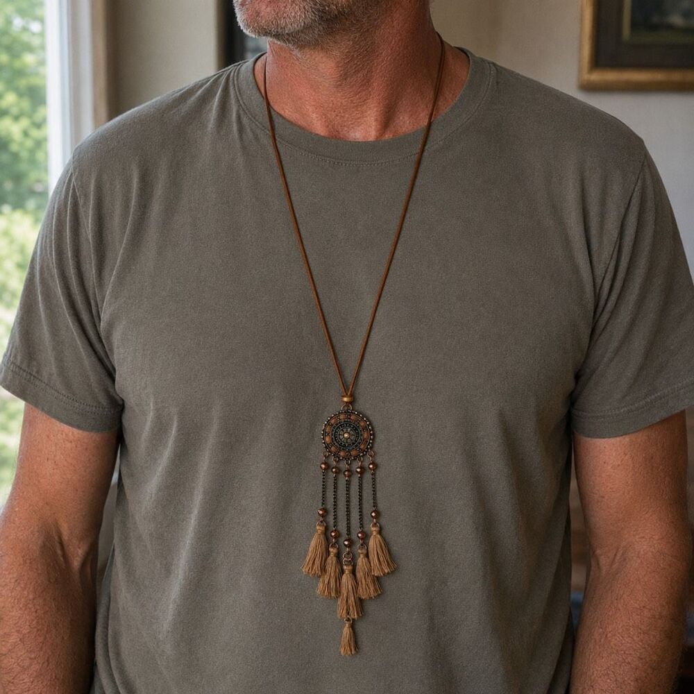 Bronze Tone Radial Medallion Tassel Necklace Long Drop